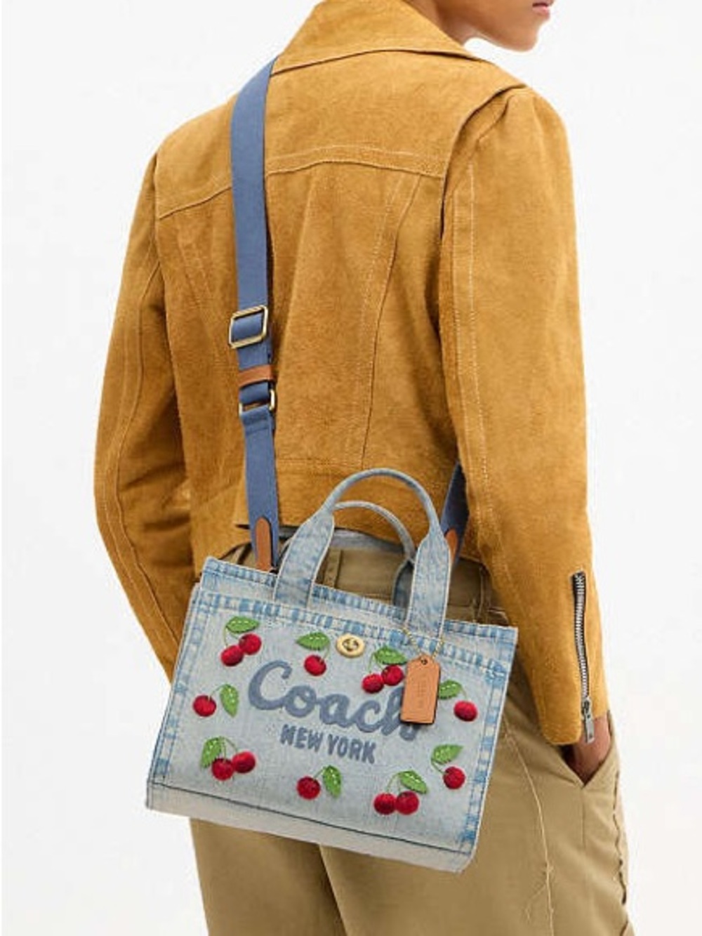 Coach Cargo Tote Bag 26 in Cherry Embroidery | Brass/Denim | Crossbody - Picture 5 of 11